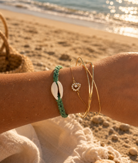 Close-up of a forearm on a sunlit beach wearing a green shell bracelet and gold bangles with a crystal heart charm by the shoreline with seashells nearby.